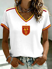 Women's Spanish Football Printed V-neck T-shirt