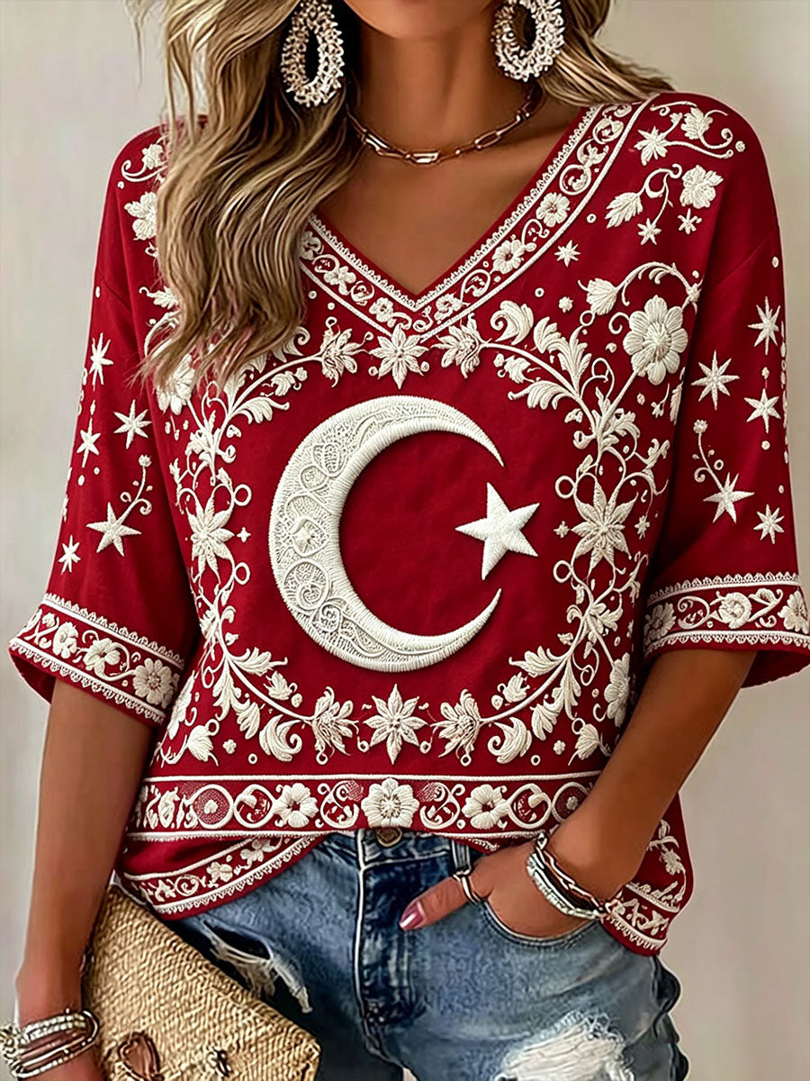 Women's Turkish Flag Print V-Neck T-Shirts