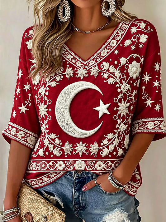 Women's Turkish Flag Print V-Neck T-Shirts