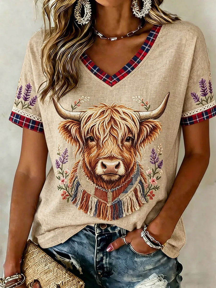Women's Highland Denim Plaid Print T-shirt