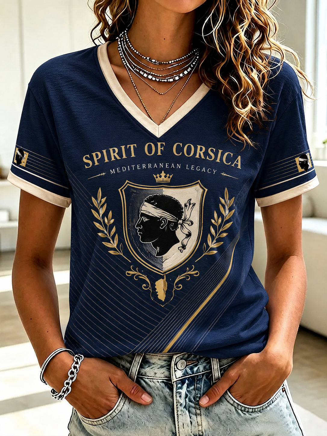 Women's French Corsica Flag Printed V-neck T-shirt