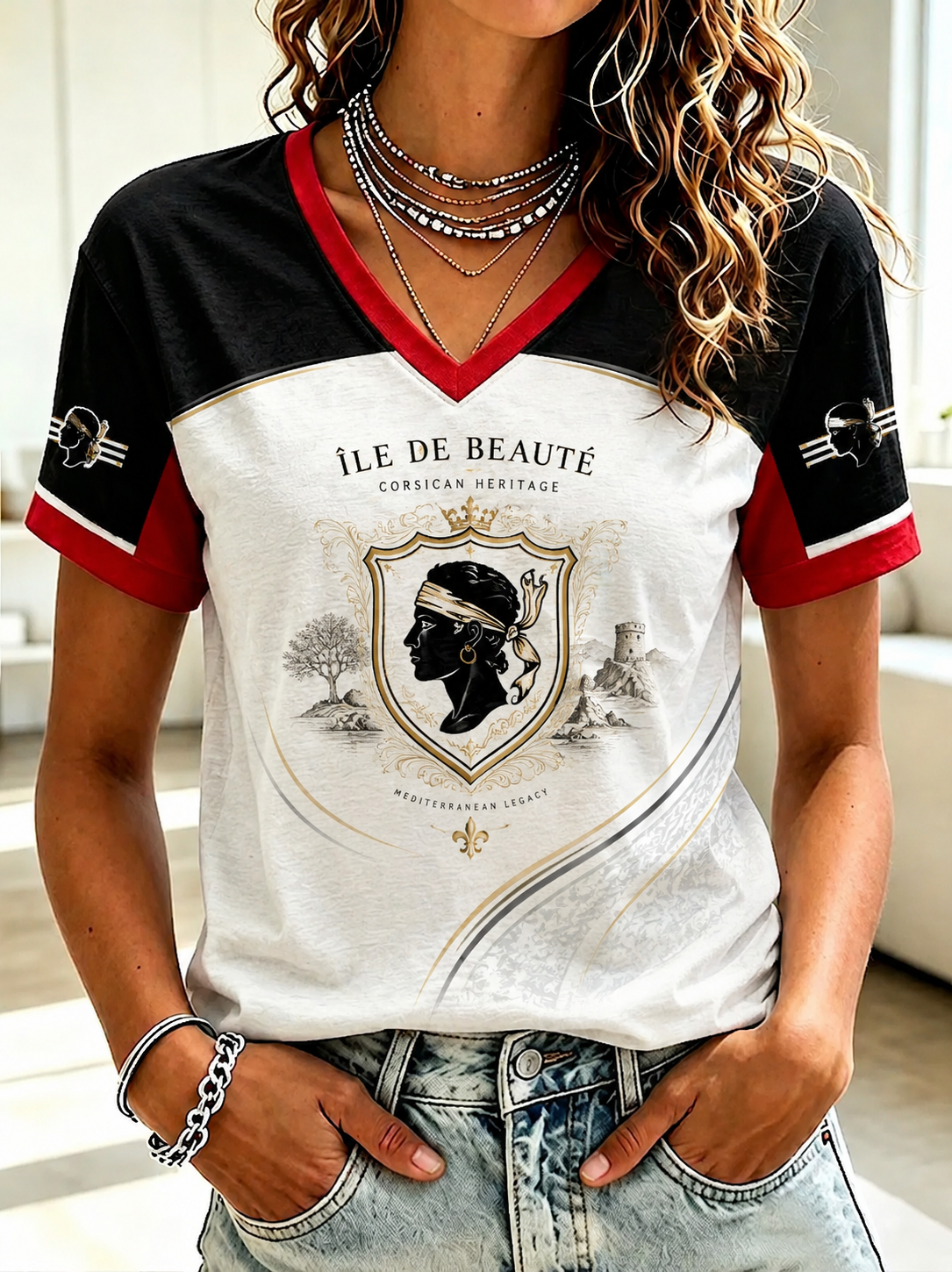 Women's French Corsica Flag Printed V-neck T-shirt