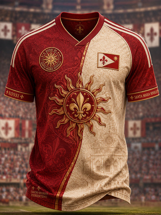 Men's Florence Classical Football Red Team V-neck T-shirt