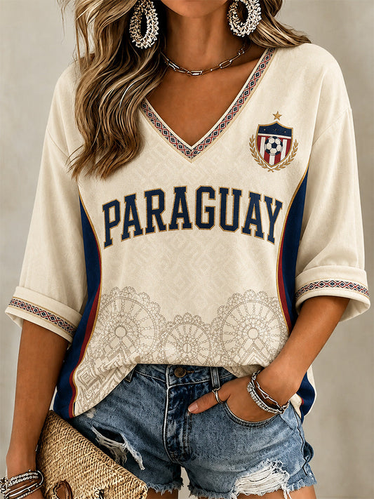 Women's Gift For Paraguay Football Fans Casual V-Neck Top