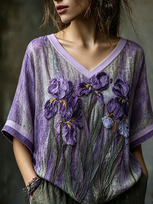 Women's Alzheimer's Awareness Flower Mid-length Sleeves V-Neck T-Shirt