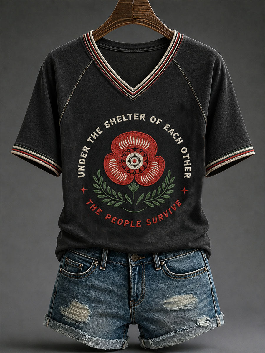 Women's UNDER THE SHELTER OF EACH OTHER THE PEOPLE SURVIVE V-neck T-shirt