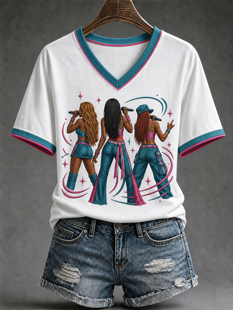 Women's Y2K UK Garage Girl Trio Print Casual V-Neck Tee
