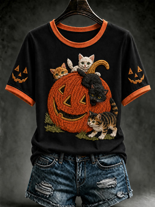 Women's Retro Halloween Black Cat  Pumpkin Short Sleeve T-shirt