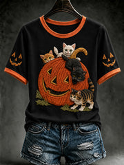 Women's Retro Halloween Black Cat  Pumpkin Short Sleeve T-shirt
