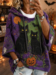 Women's Retro Halloween Black Cat Pumpkin Casual Loose Hoodie