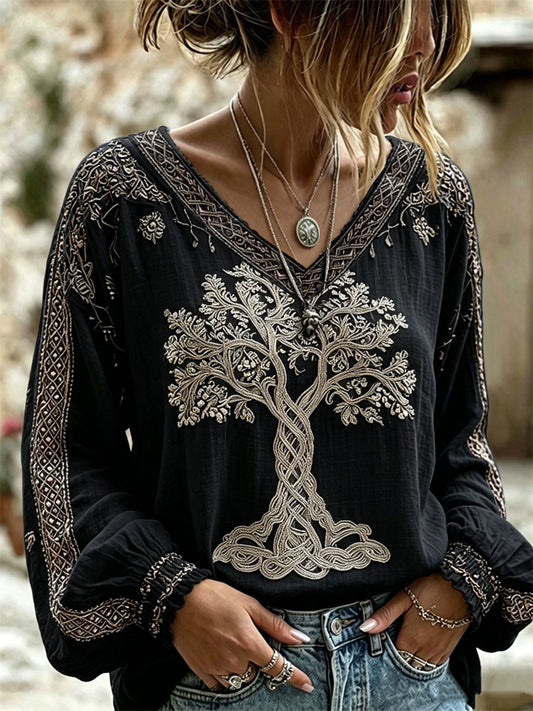 Women's Classy Viking Tree of Life Celtic Knot Print V Neck Cotton-Linen Shirt