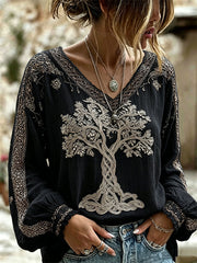 Women's Classy Viking Tree of Life Celtic Knot Print V Neck Cotton-Linen Shirt