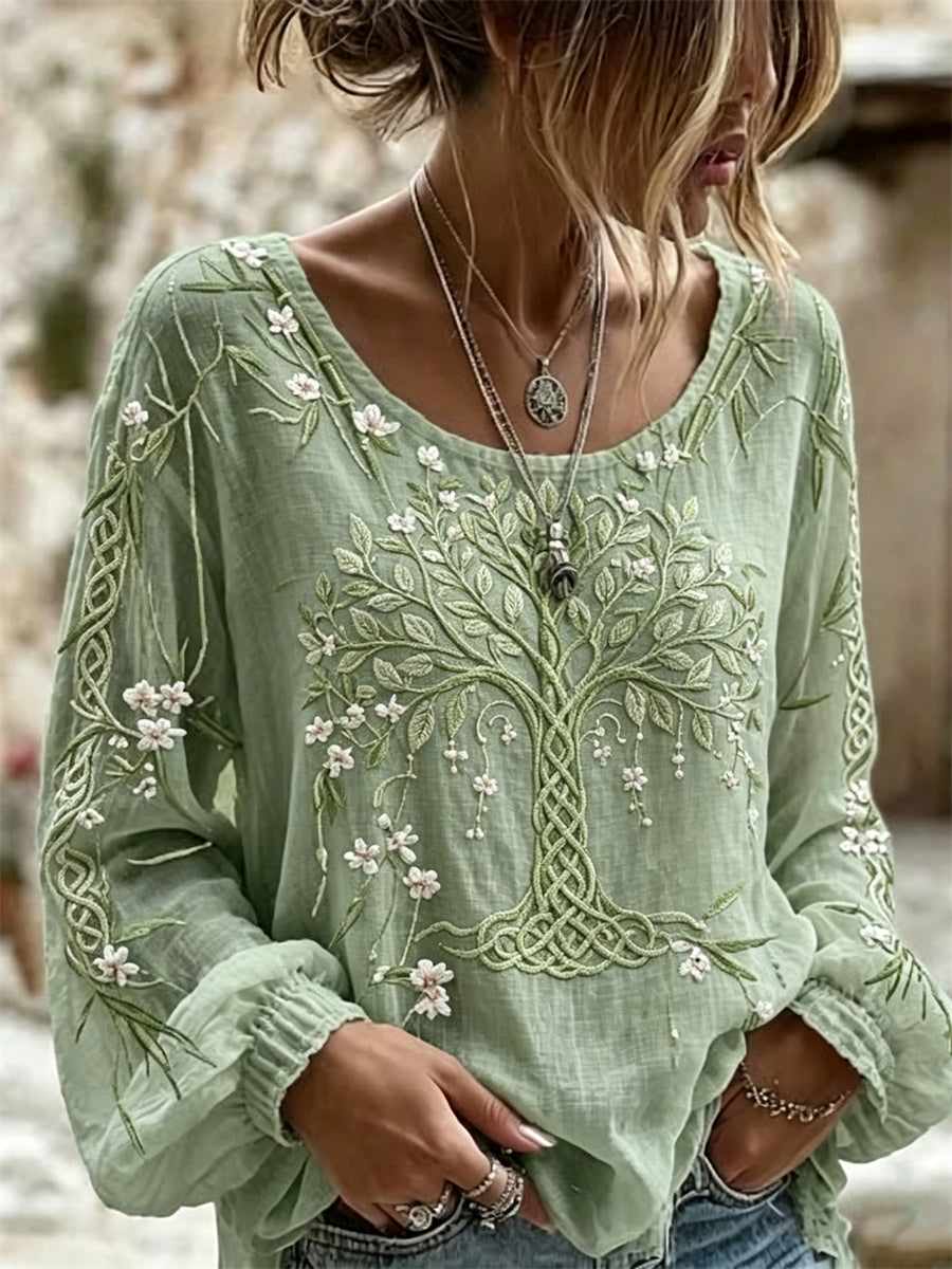 Women's Classy Tree of Life Viking Celtic Knot Bamboo Floral Print Cotton-Linen Shirt