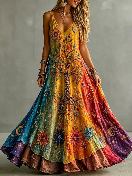 Women's Viking Tree of Life Hippie Floral Gradient Color Print Maxi Dress