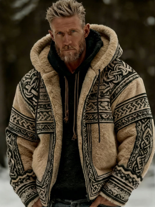 Men's Viking Celtic Art Plush Cozy Warm Zipped Hooded Flannel Jacket