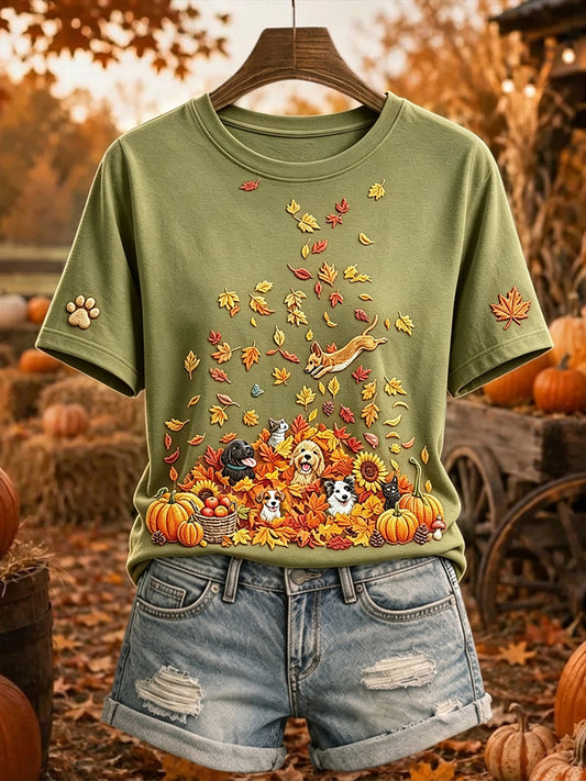 Women's Cute Dogs and Cats Fall Art Print Short-sleeved T-shirt