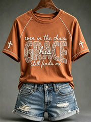 Women's His Grace Still Finds Me Christian Faith Floral Print Round Neck Short Sleeve T-shirt