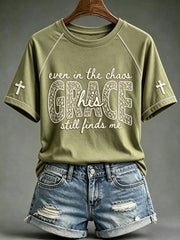 Women's His Grace Still Finds Me Christian Faith Floral Print Round Neck Short Sleeve T-shirt
