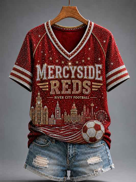 Women's Gift For Soccer Fans Liverpool Print V-neck off-shoulder short-sleeved T-shirt